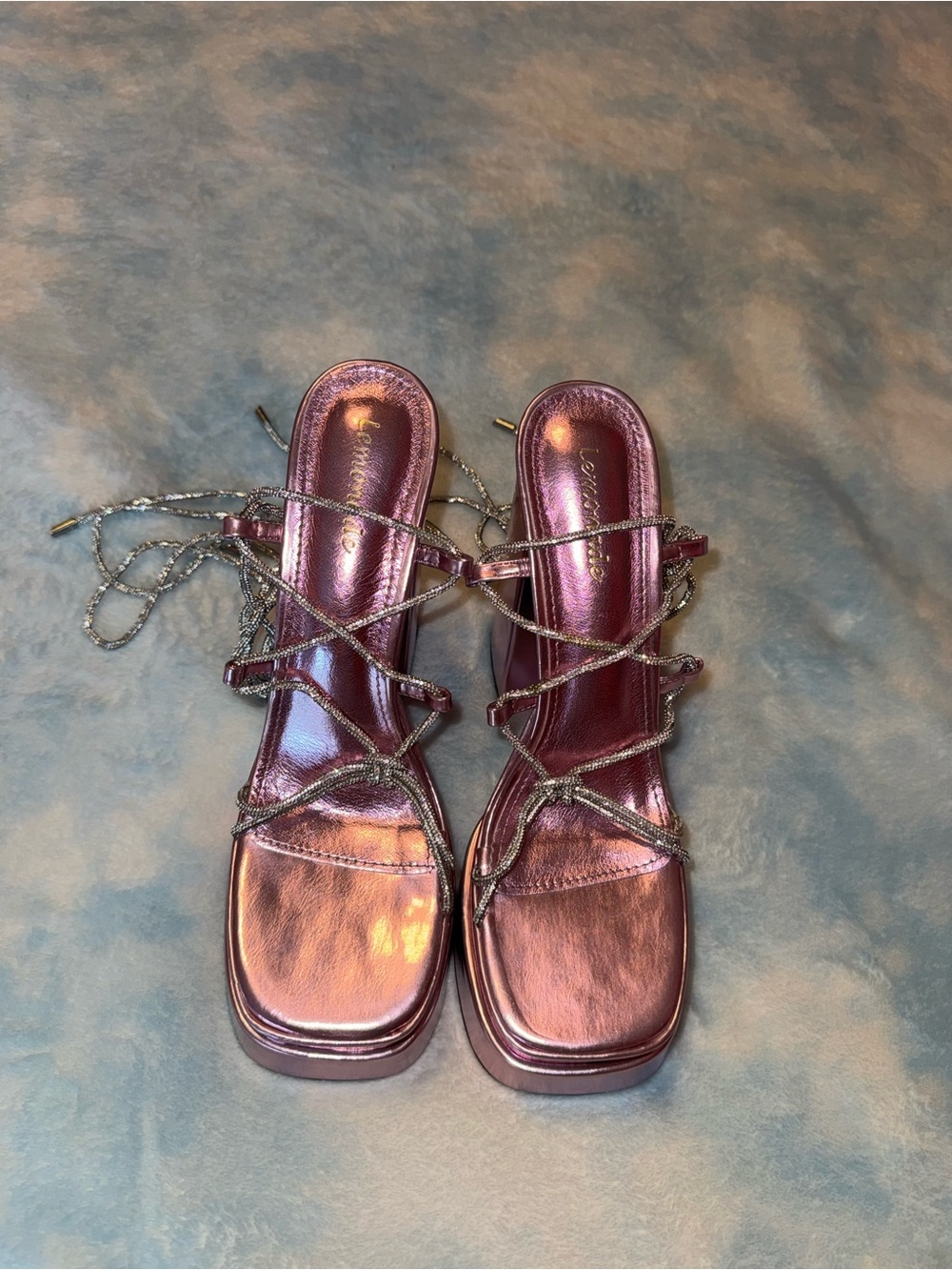 Metallic Pink Strappy Rhinestone Lace-Up Platform Heels - Women's